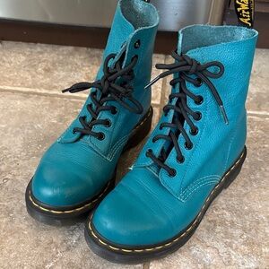 Dr. Martens Teal Pebbled Leather Boots with Black and Yellow Heel Loop 6.5